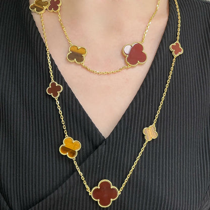 [LOXURA]CLOVER 16 MOTIF CARNELIAN TIGER EYE ROSE GOLD NECKLACE