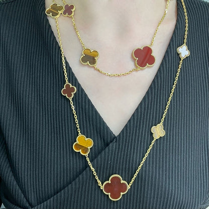 [LOXURA]CLOVER 16 MOTIF CARNELIAN TIGER EYE ROSE GOLD NECKLACE