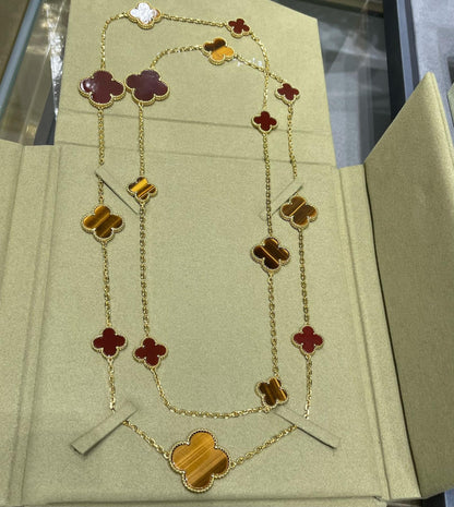 [LOXURA]CLOVER 16 MOTIF CARNELIAN TIGER EYE ROSE GOLD NECKLACE