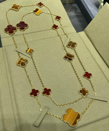 [LOXURA]CLOVER 16 MOTIF CARNELIAN TIGER EYE ROSE GOLD NECKLACE