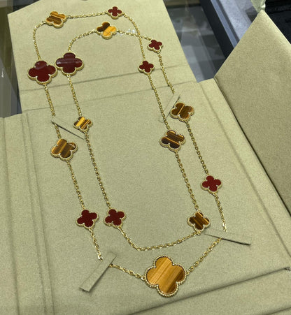 [LOXURA]CLOVER 16 MOTIF CARNELIAN TIGER EYE ROSE GOLD NECKLACE