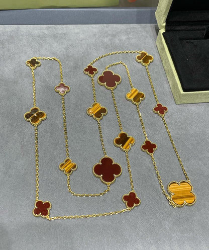 [LOXURA]CLOVER 16 MOTIF CARNELIAN TIGER EYE ROSE GOLD NECKLACE