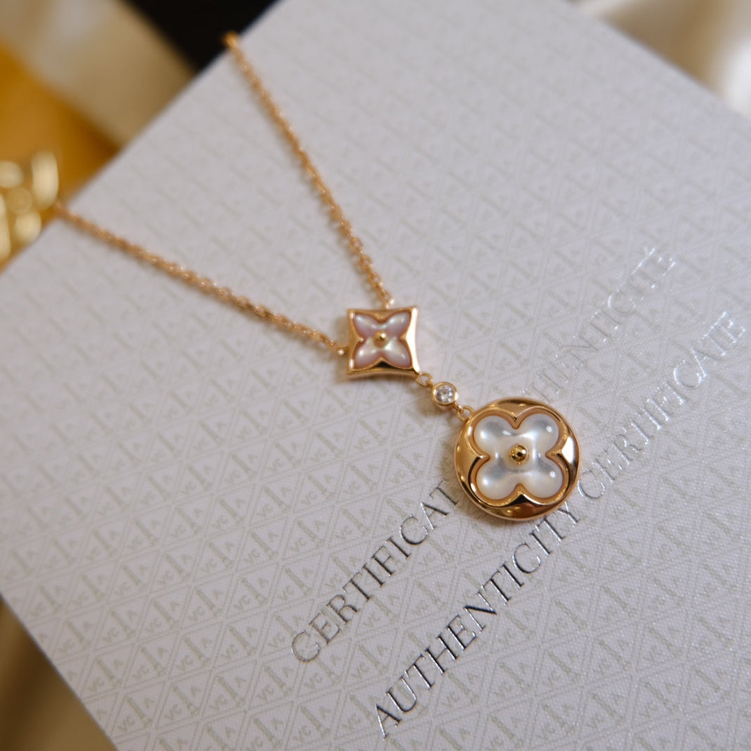 [LOXURA]STAR AND SUN WHITE MOP 2 MOTIF PINK GOLD NECKLACE