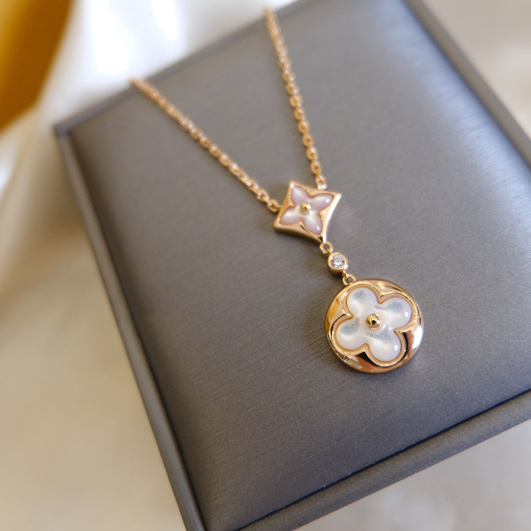 [LOXURA]STAR AND SUN WHITE MOP 2 MOTIF PINK GOLD NECKLACE