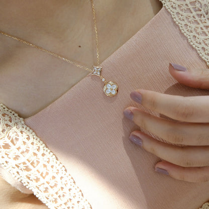 [LOXURA]STAR AND SUN WHITE MOP 2 MOTIF PINK GOLD NECKLACE