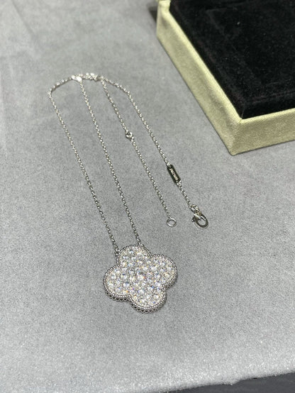 [LOXURA]CLOVER 25MM LARGE PENDANT DIAMOND PAVED SILVER NECKLACE