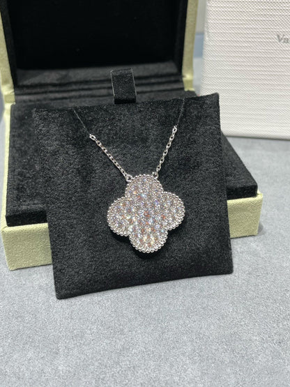[LOXURA]CLOVER 25MM LARGE PENDANT DIAMOND PAVED SILVER NECKLACE