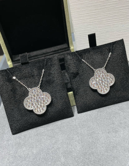 [LOXURA]CLOVER 25MM LARGE PENDANT DIAMOND PAVED SILVER NECKLACE