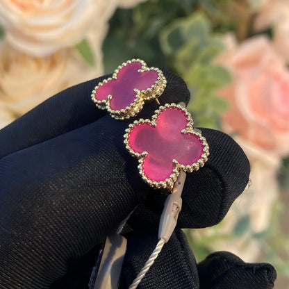 [LOXURA]NEW CLOVER 15MM PINK ENAMEL STUD EARRINGS
