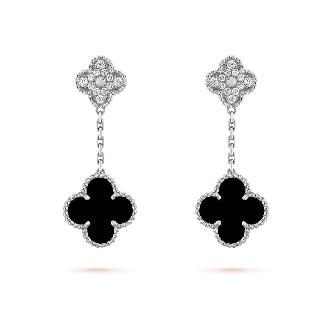 [LOXURA]CLOVER 2 MOTIFS  DIAMOND ONYX EARRINGS SILVER