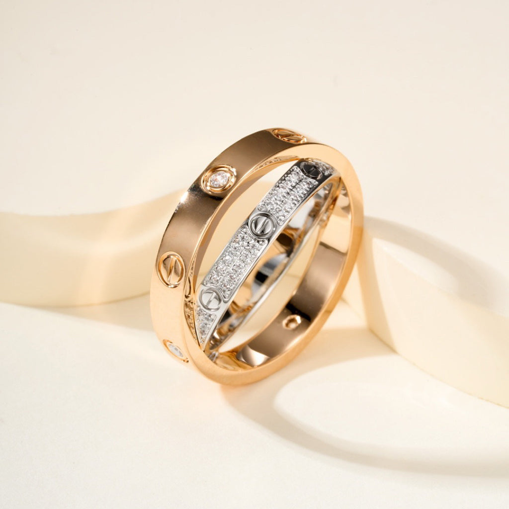 [LOXURA]LOVE PINK GOLD SILVER DIAMOND DOUBLE RING