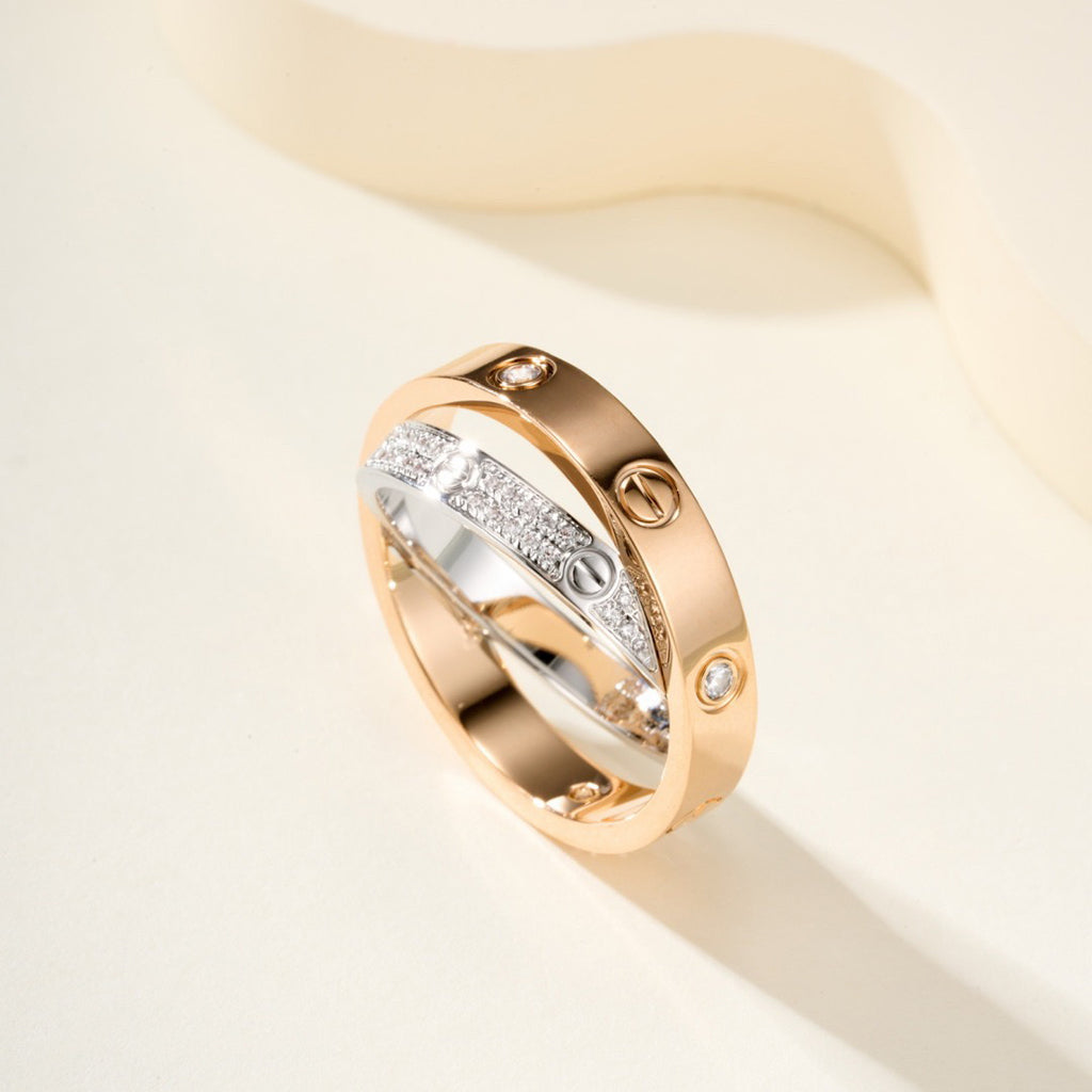 [LOXURA]LOVE PINK GOLD SILVER DIAMOND DOUBLE RING