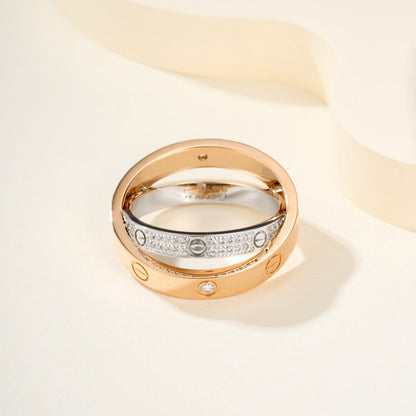 [LOXURA]LOVE PINK GOLD SILVER DIAMOND DOUBLE RING