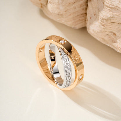 [LOXURA]LOVE PINK GOLD SILVER DIAMOND DOUBLE RING