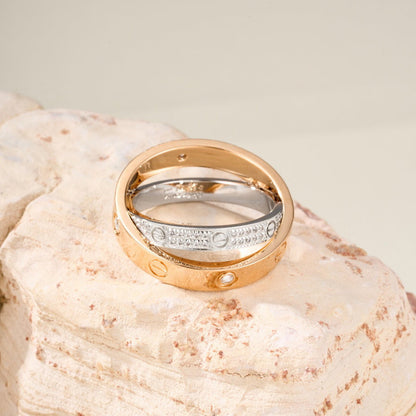 [LOXURA]LOVE PINK GOLD SILVER DIAMOND DOUBLE RING