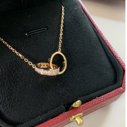 [LOXURA]LOVE DOUBLE RING HALF DIAMOND NECKLACE