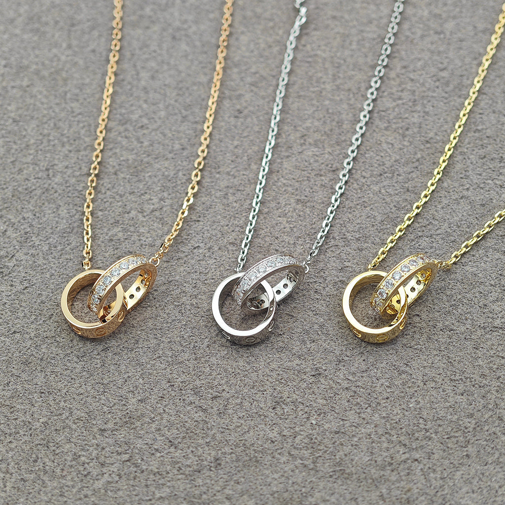 [LOXURA]LOVE DOUBLE RING HALF DIAMOND NECKLACE