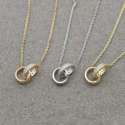 [LOXURA]LOVE DOUBLE RING HALF DIAMOND NECKLACE