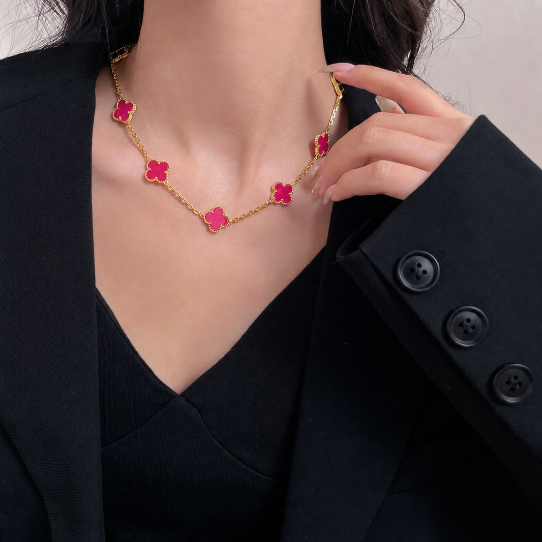 [LOXURA]NEW CLOVER 10 MOTIFS PINK ENAMEL NECKLACE