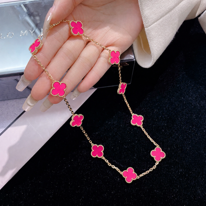 [LOXURA]NEW CLOVER 10 MOTIFS PINK ENAMEL NECKLACE