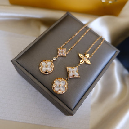 [LOXURA]COLOR BLOSSOM LARIAT NECKLACE PINK GOLD WHITE MOTHER PEARL AND DIAMOND