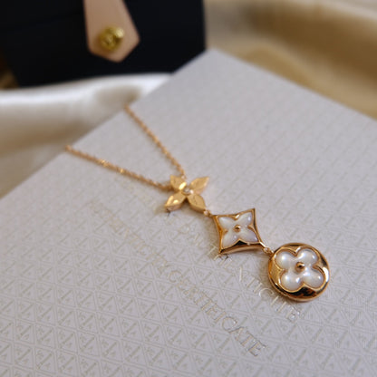 [LOXURA]COLOR BLOSSOM LARIAT NECKLACE PINK GOLD WHITE MOTHER PEARL AND DIAMOND
