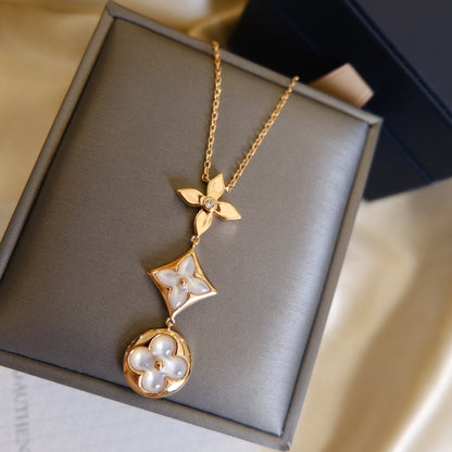 [LOXURA]COLOR BLOSSOM LARIAT NECKLACE PINK GOLD WHITE MOTHER PEARL AND DIAMOND
