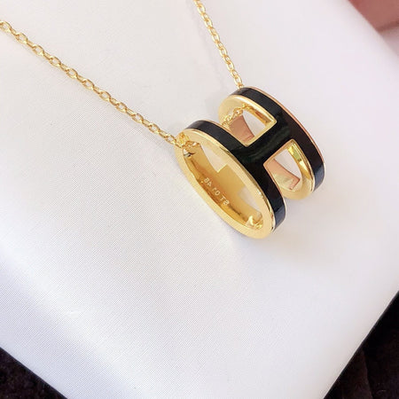 [LOXURA]HM CLIC BLACK ENAMEL GOLD NECKLACE