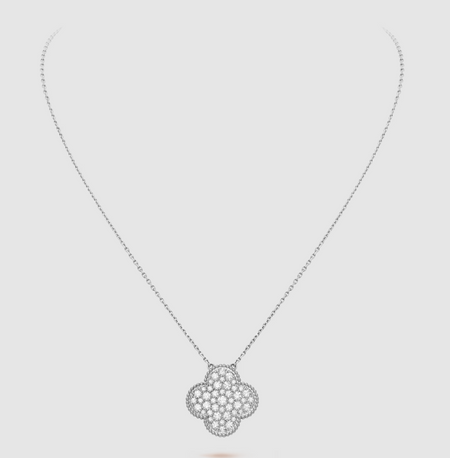 [LOXURA]CLOVER 25MM LARGE PENDANT DIAMOND PAVED SILVER NECKLACE