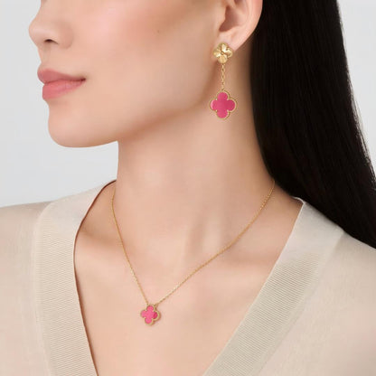 [LOXURA]NEW CLOVER 2 MOTIF PINK ENAMEL EARRINGS