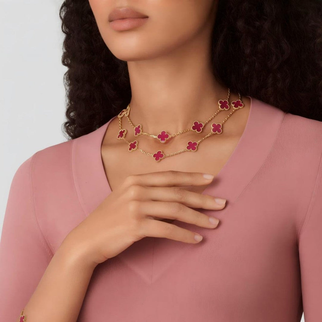 [LOXURA] NEW CLOVER 20 MOTIFS PINK ENAMEL NECKLACE