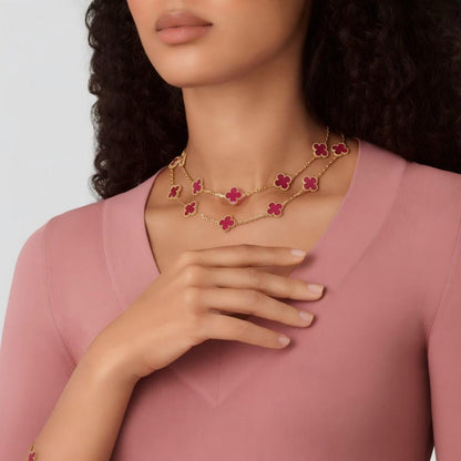 [LOXURA] NEW CLOVER 20 MOTIFS PINK ENAMEL NECKLACE