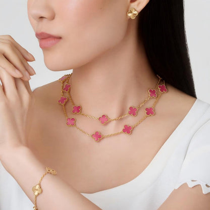 [LOXURA] NEW CLOVER 20 MOTIFS PINK ENAMEL NECKLACE