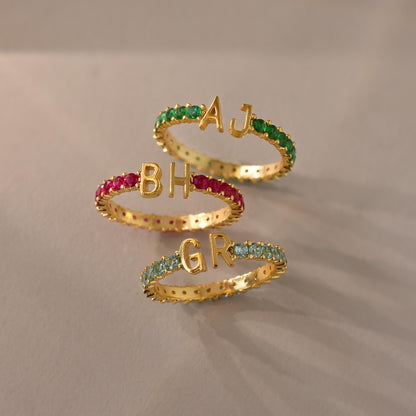 Duo Initial Birthstone Tennis Ring
