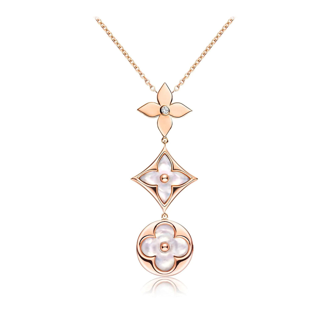 [LOXURA]COLOR BLOSSOM LARIAT NECKLACE PINK GOLD WHITE MOTHER PEARL AND DIAMOND
