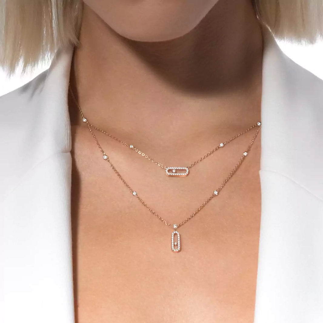 [LOXURA]2 Rows Rose Gold Diamond Pave_ Necklace Move Uno