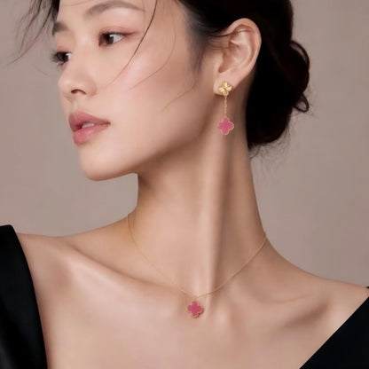 [LOXURA] NEW CLOVER 15MM PINK ENAMEL NECKLACE