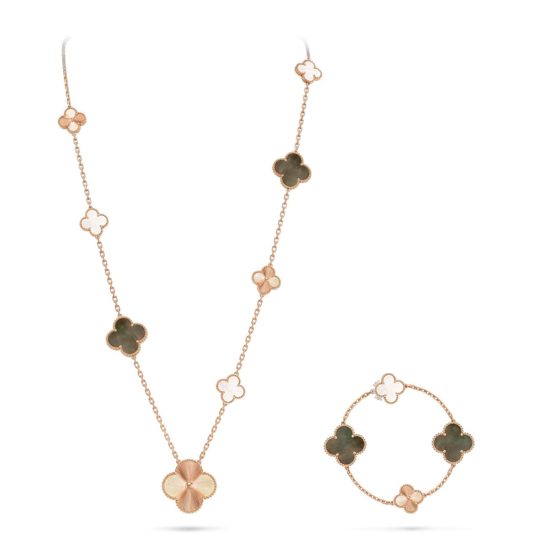 [LOXURA]DETACHABLE CLOVER 15(11+4) FLOWER ROSE GOLD NECKLACE SET