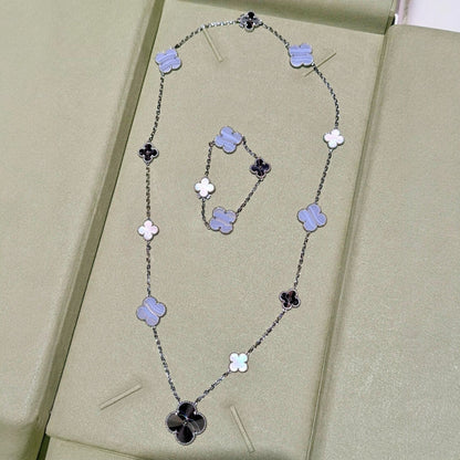 [LOXURA]DETACHABLE CLOVER 15(11+4) FLOWER SILVER NECKLACE SET