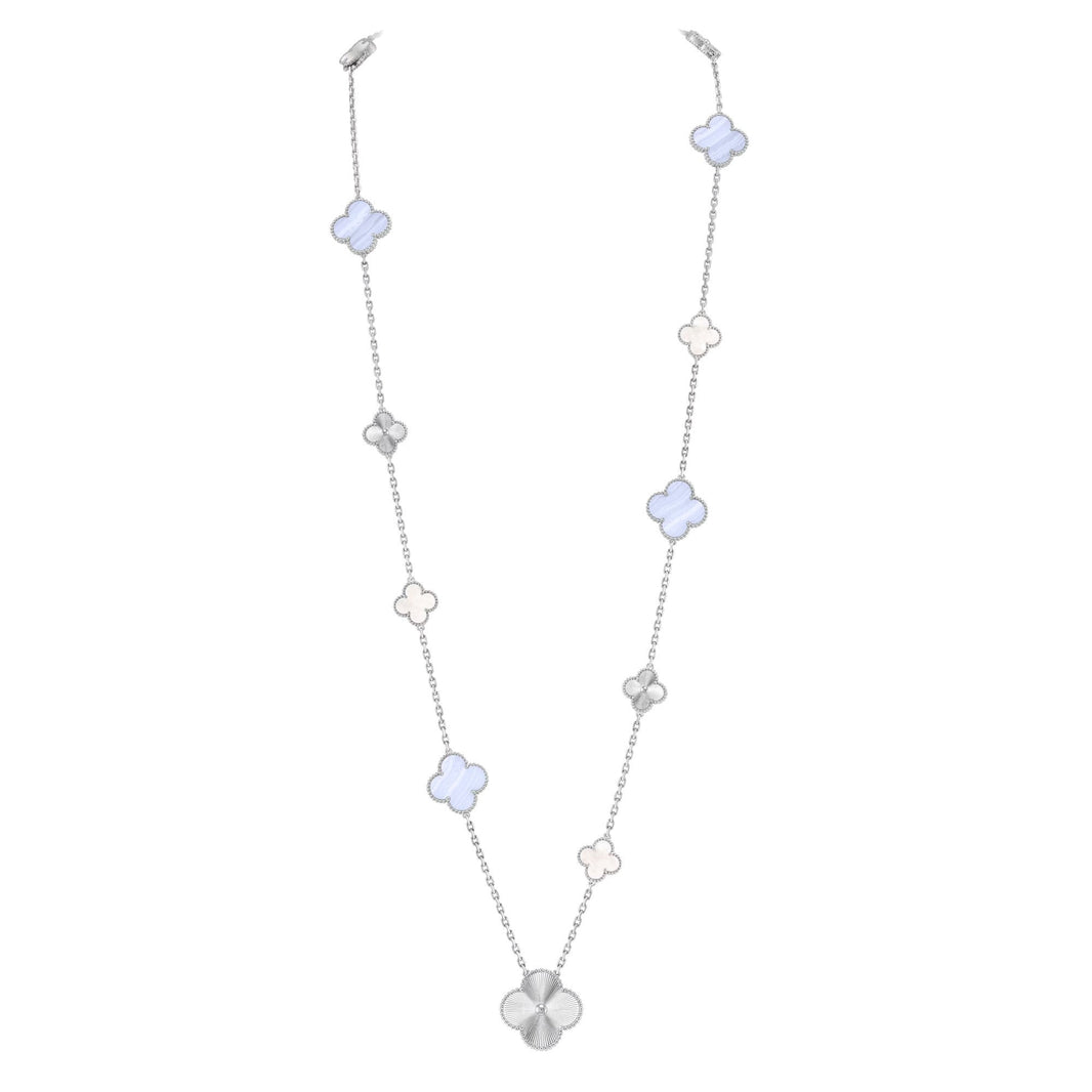 [LOXURA]DETACHABLE CLOVER 15(11+4) FLOWER SILVER NECKLACE SET