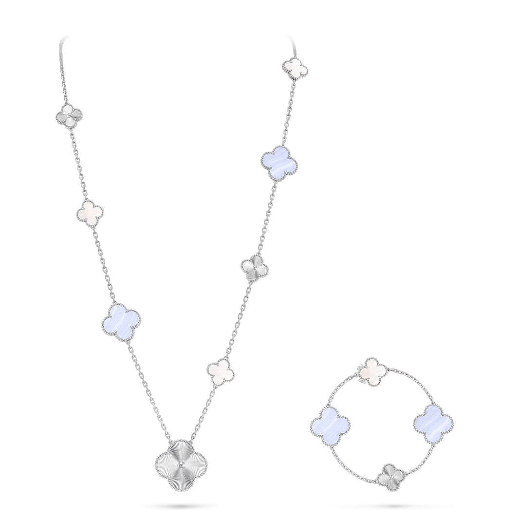 [LOXURA]DETACHABLE CLOVER 15(11+4) FLOWER SILVER NECKLACE SET