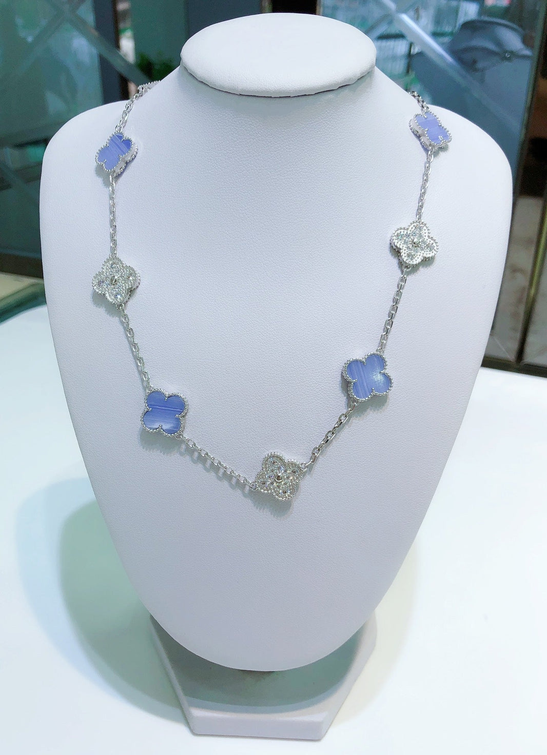 [LOXURA]CLOVER 10 MOTIFS CHALCEDONY DIAMONDS SILVER NECKLACE