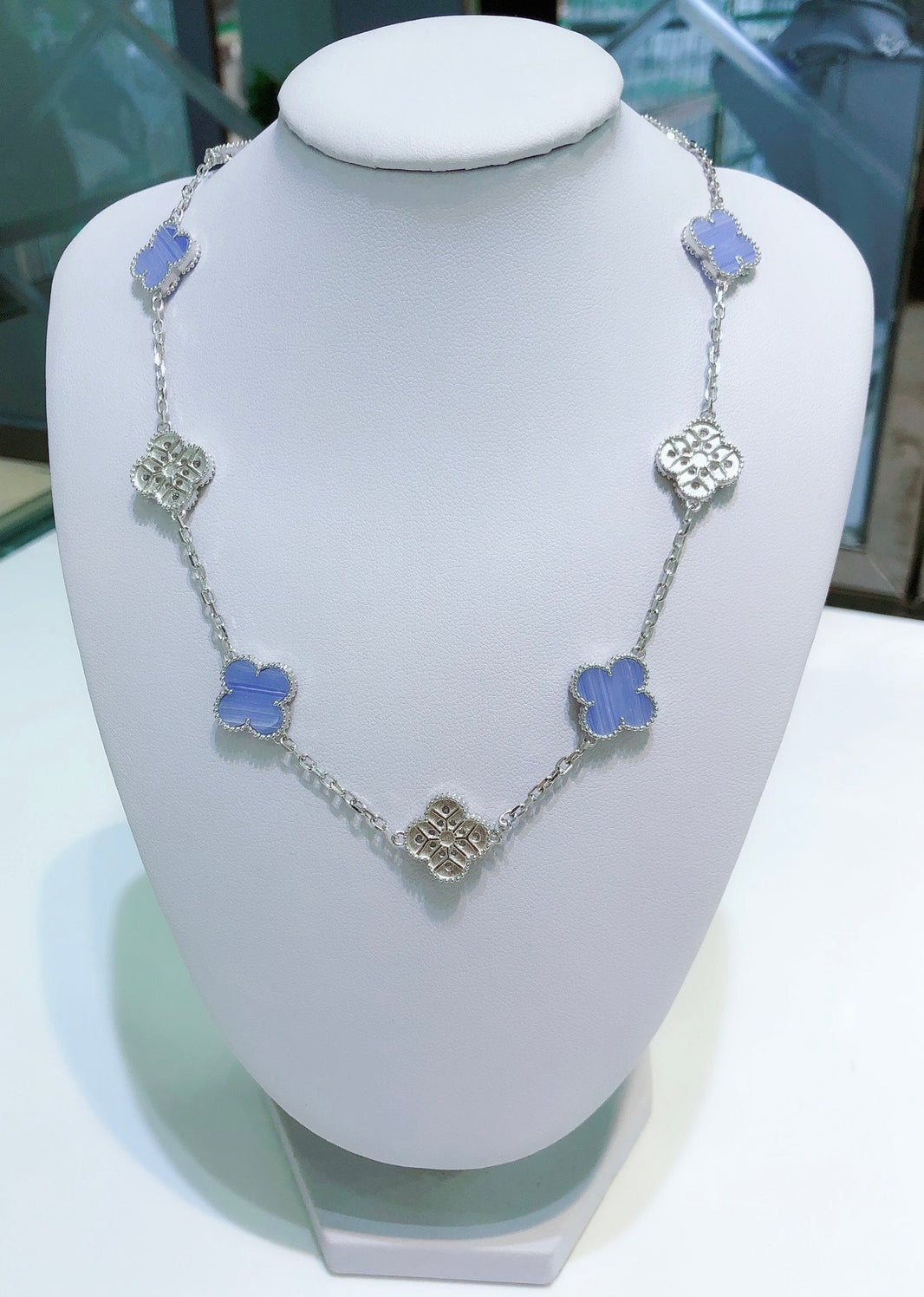 [LOXURA]CLOVER 10 MOTIFS CHALCEDONY DIAMONDS SILVER NECKLACE