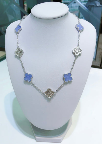 [LOXURA]CLOVER 10 MOTIFS CHALCEDONY DIAMONDS SILVER NECKLACE