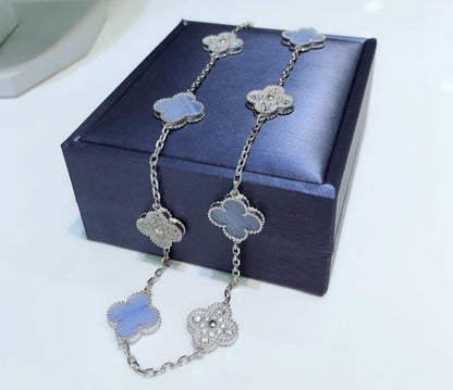 [LOXURA]CLOVER 10 MOTIFS CHALCEDONY DIAMONDS SILVER NECKLACE